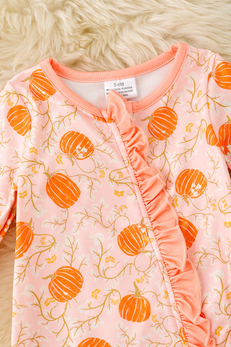 Pumpkin printed on pink baby romper with ruffle trim. RPG62349 -S-