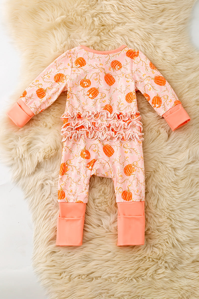 Pumpkin printed on pink baby romper with ruffle trim. RPG62349 -S-
