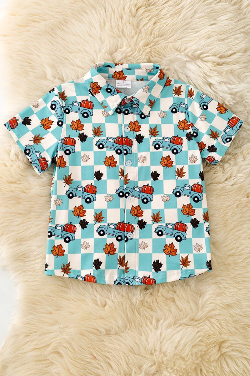 Blue Fall & checkered printed boys button up shirt. TPB60367 A-