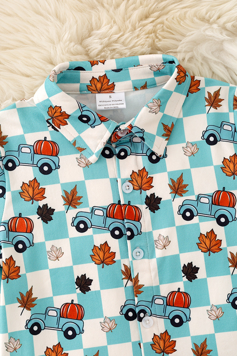 Blue Fall & checkered printed boys button up shirt. TPB60367 A-