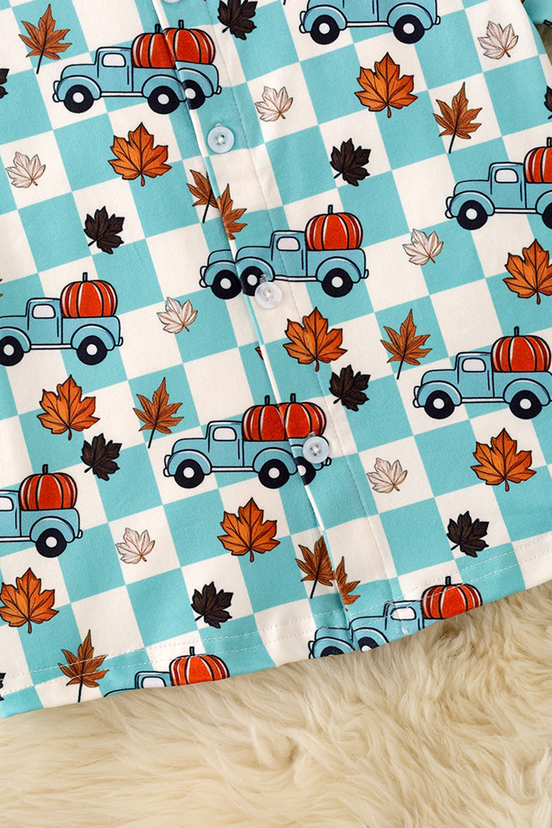 Blue Fall & checkered printed boys button up shirt. TPB60367 A-