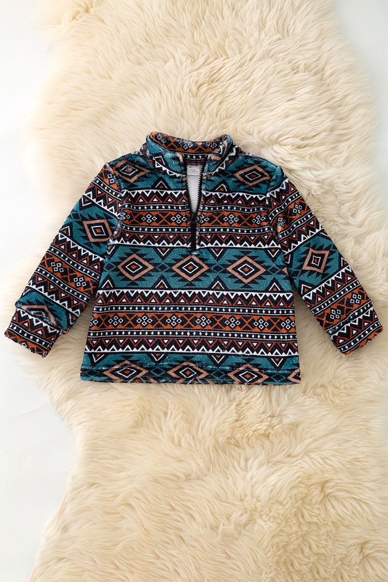 Teal & Brown Light fleece aztec printed pullover sweater. TPG60186 -S-