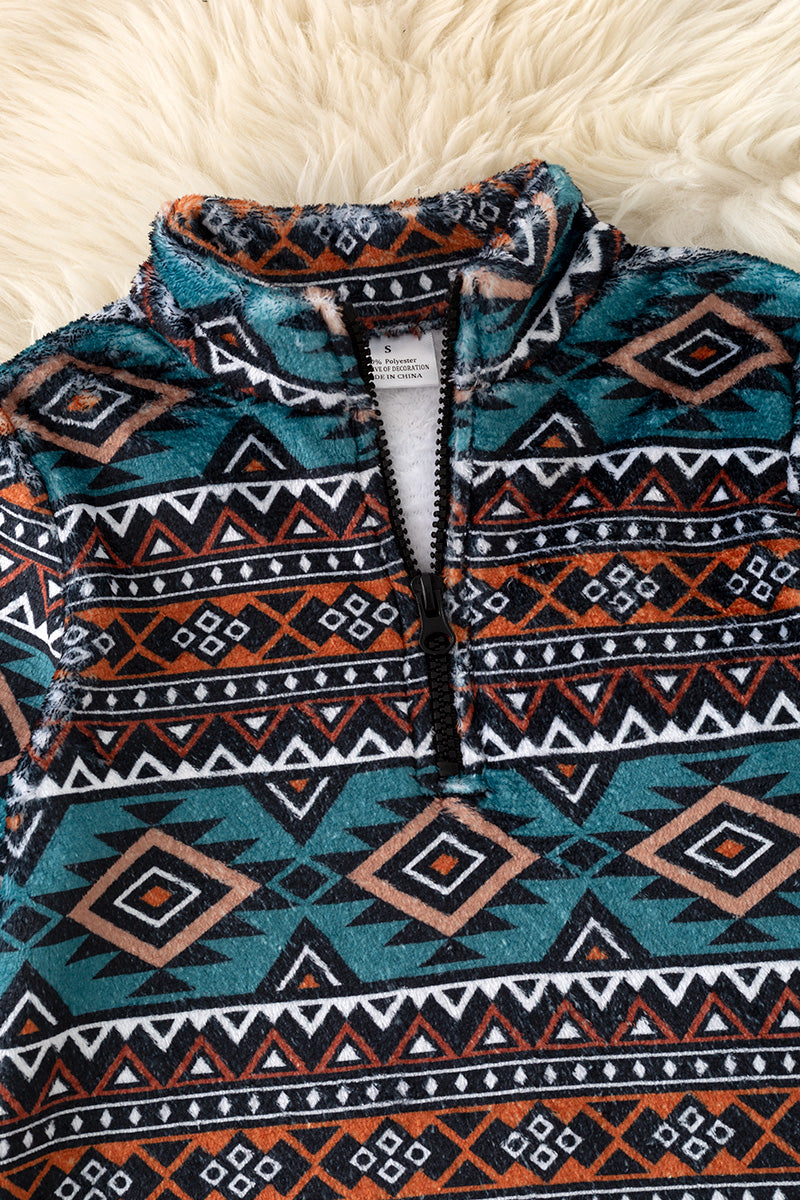 Teal & Brown Light fleece aztec printed pullover sweater. TPG60186 -S-