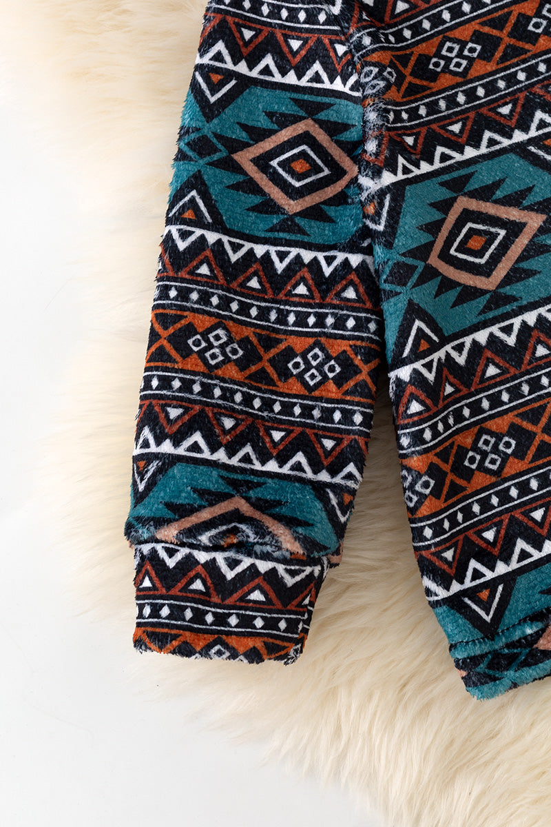 Teal & Brown Light fleece aztec printed pullover sweater. TPG60186 -S-