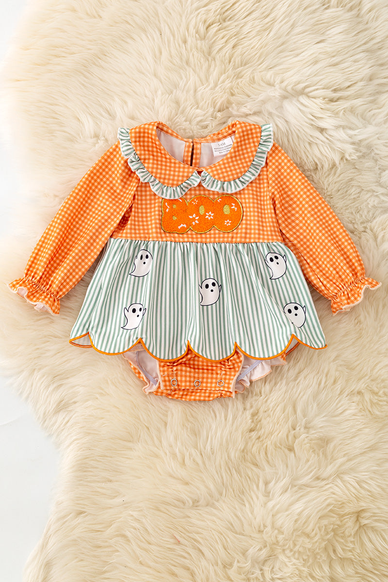 Orange gingham & stripe printed baby dress w/attached bloomers. RPG62348 -M-