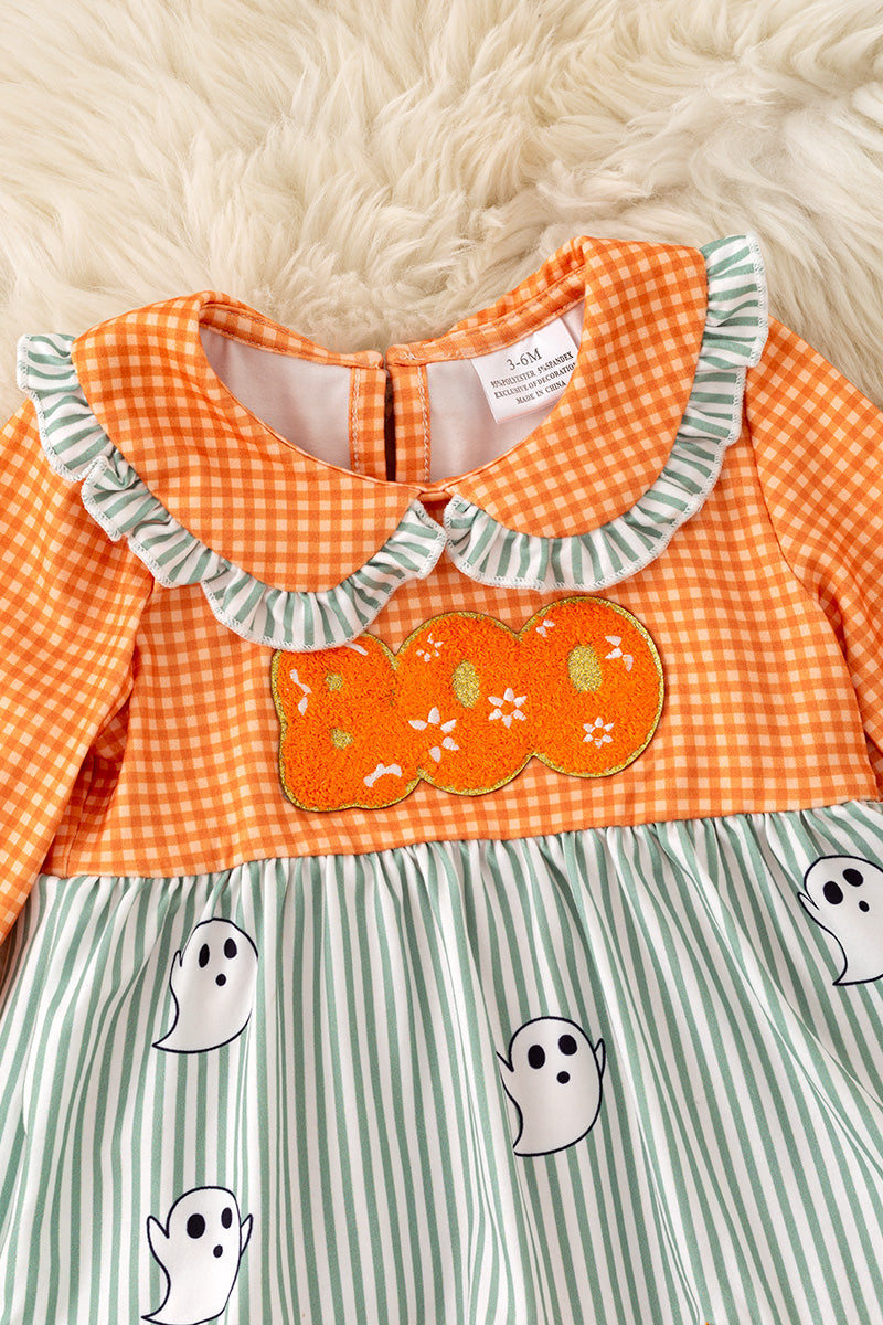 Orange gingham & stripe printed baby dress w/attached bloomers. RPG62348 -M-