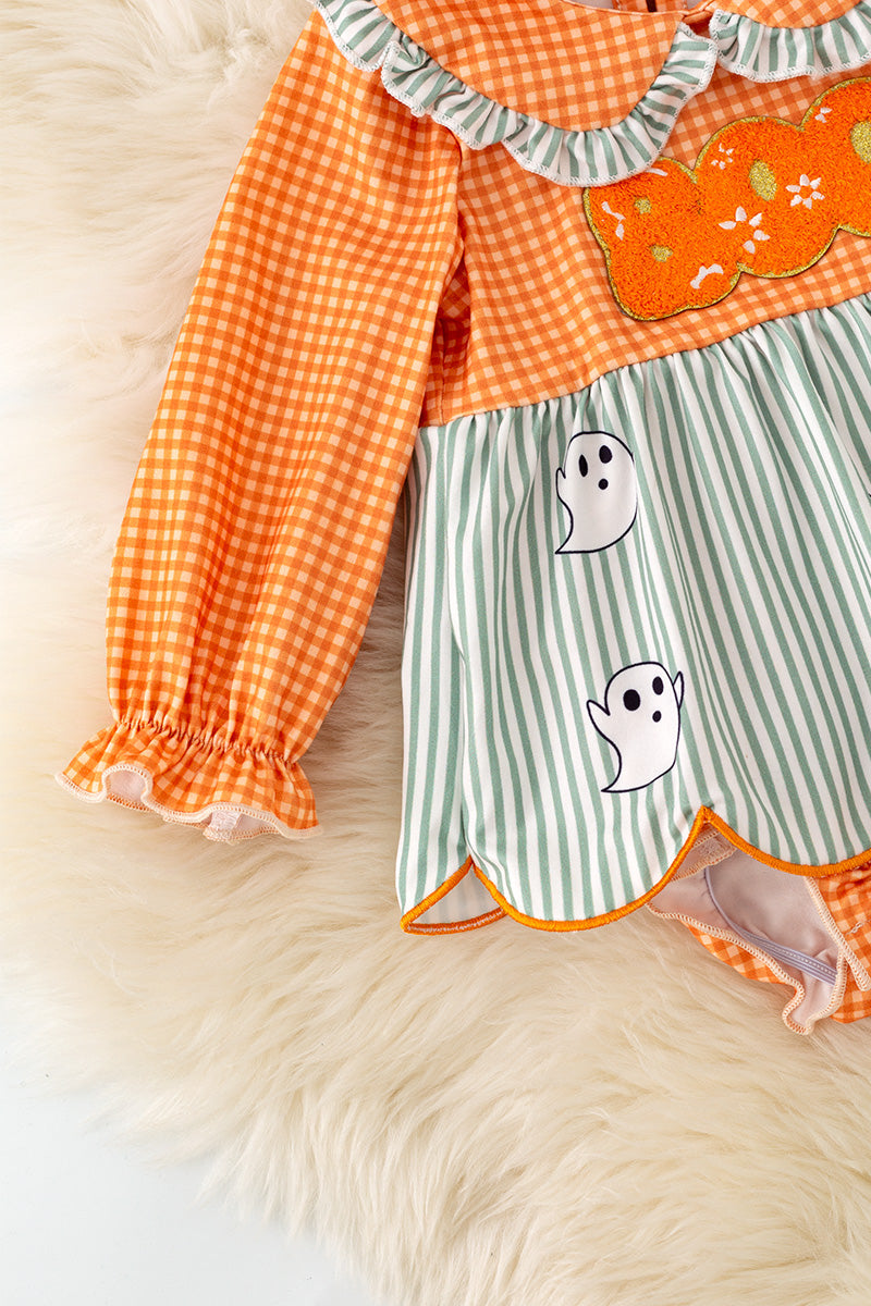 Orange gingham & stripe printed baby dress w/attached bloomers. RPG62348 -M-