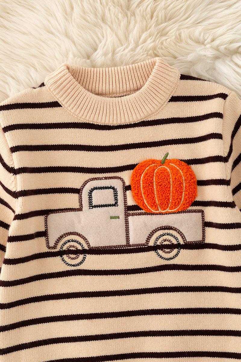 Unisex brown stripe on ivory knit sweater w/ pumpkin on a truck. TPG60458 A-