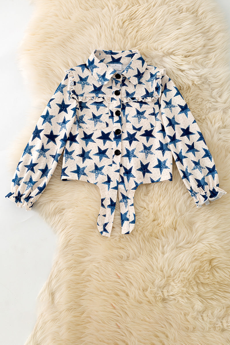 Girls Navy blue star printed girls long sleeve button up shirt. TPG60405 -S-