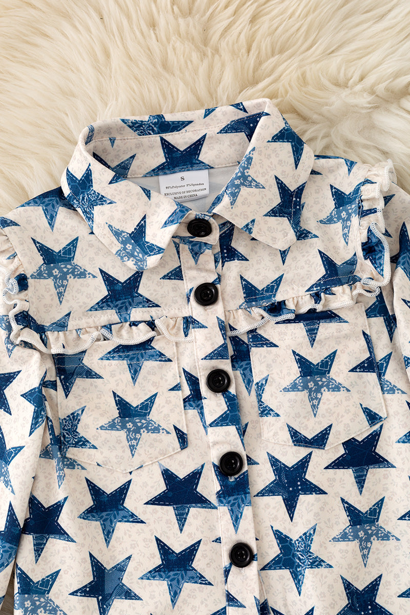 Girls Navy blue star printed girls long sleeve button up shirt. TPG60405 -S-