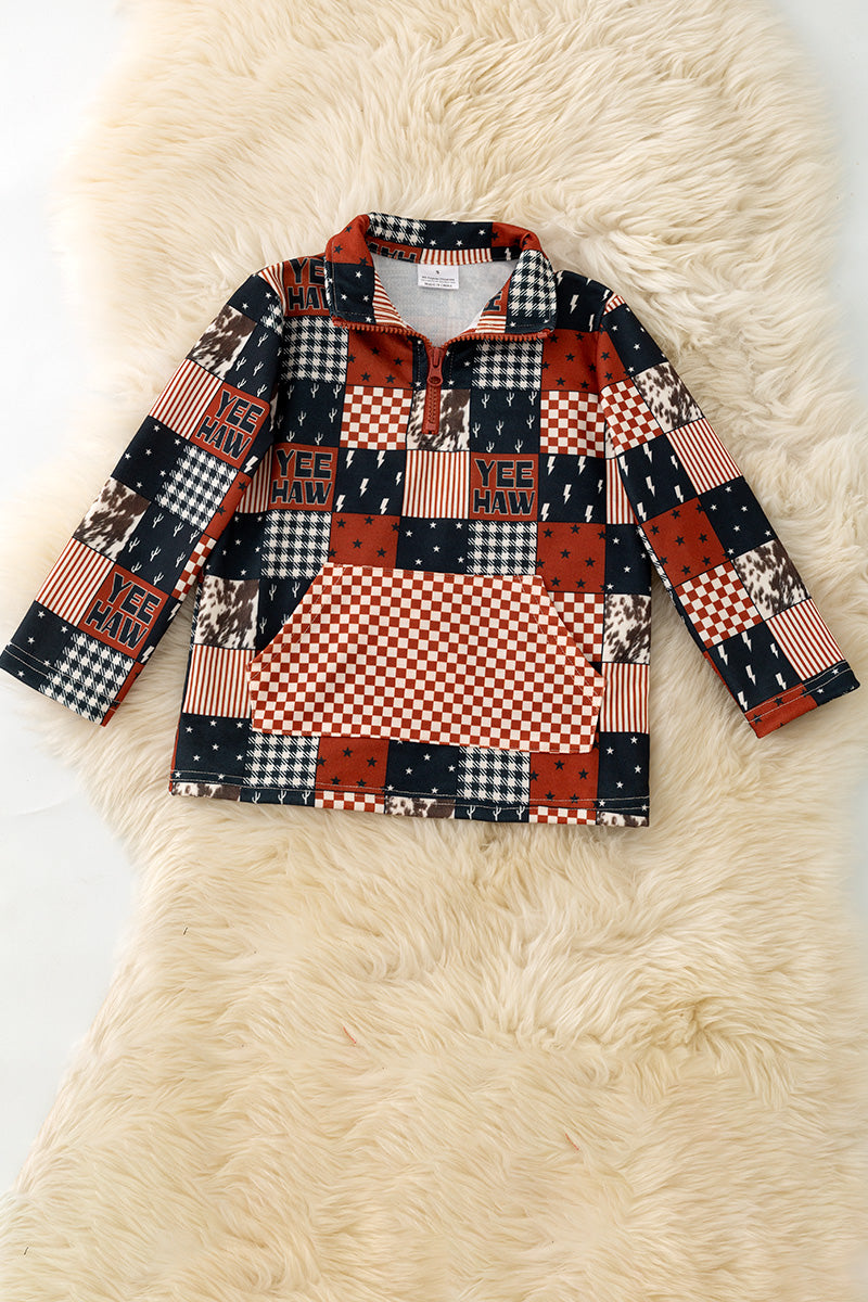 Yeehaw brown & black multi-printed patch pullover. TPB60313 -M-