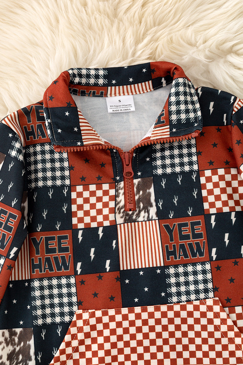 Yeehaw brown & black multi-printed patch pullover. TPB60313 -M-