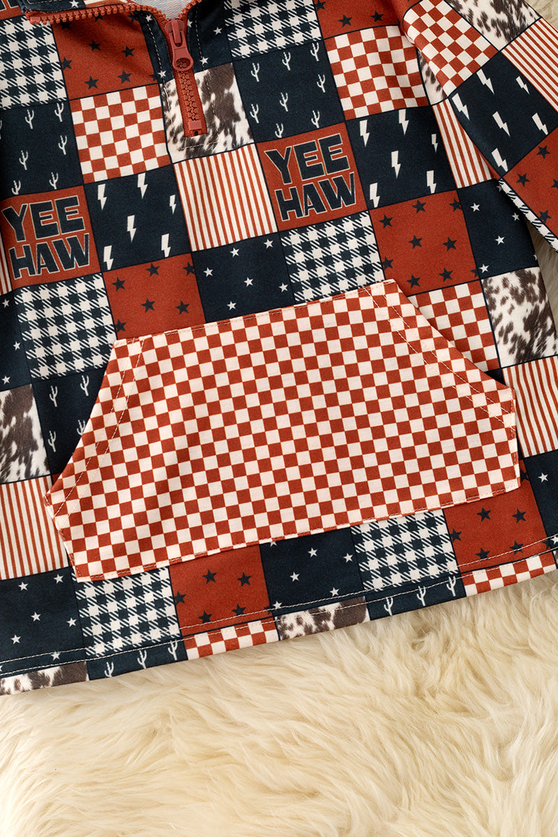 Yeehaw brown & black multi-printed patch pullover. TPB60313 -M-