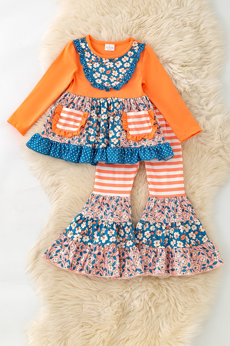 Blue Orange stripe & floral block ruffle tunic & bell bottoms. OFG61978 -A-