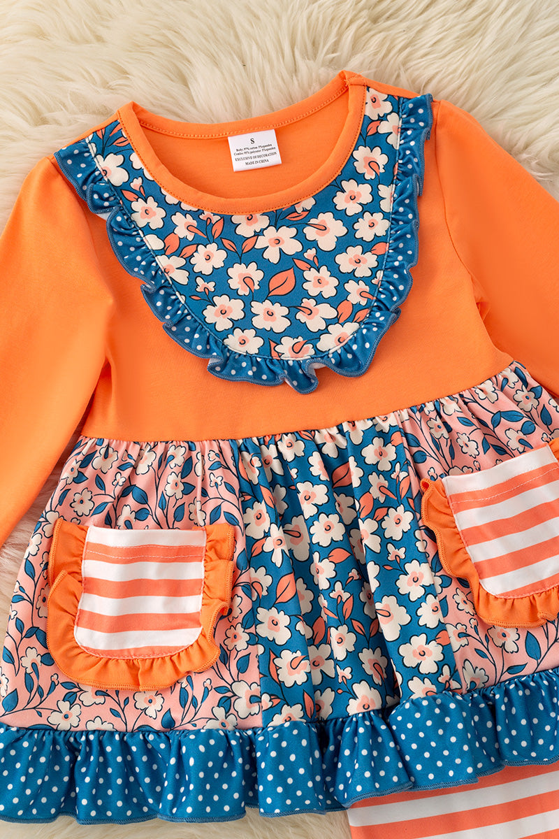 Blue Orange stripe & floral block ruffle tunic & bell bottoms. OFG61978 -A-