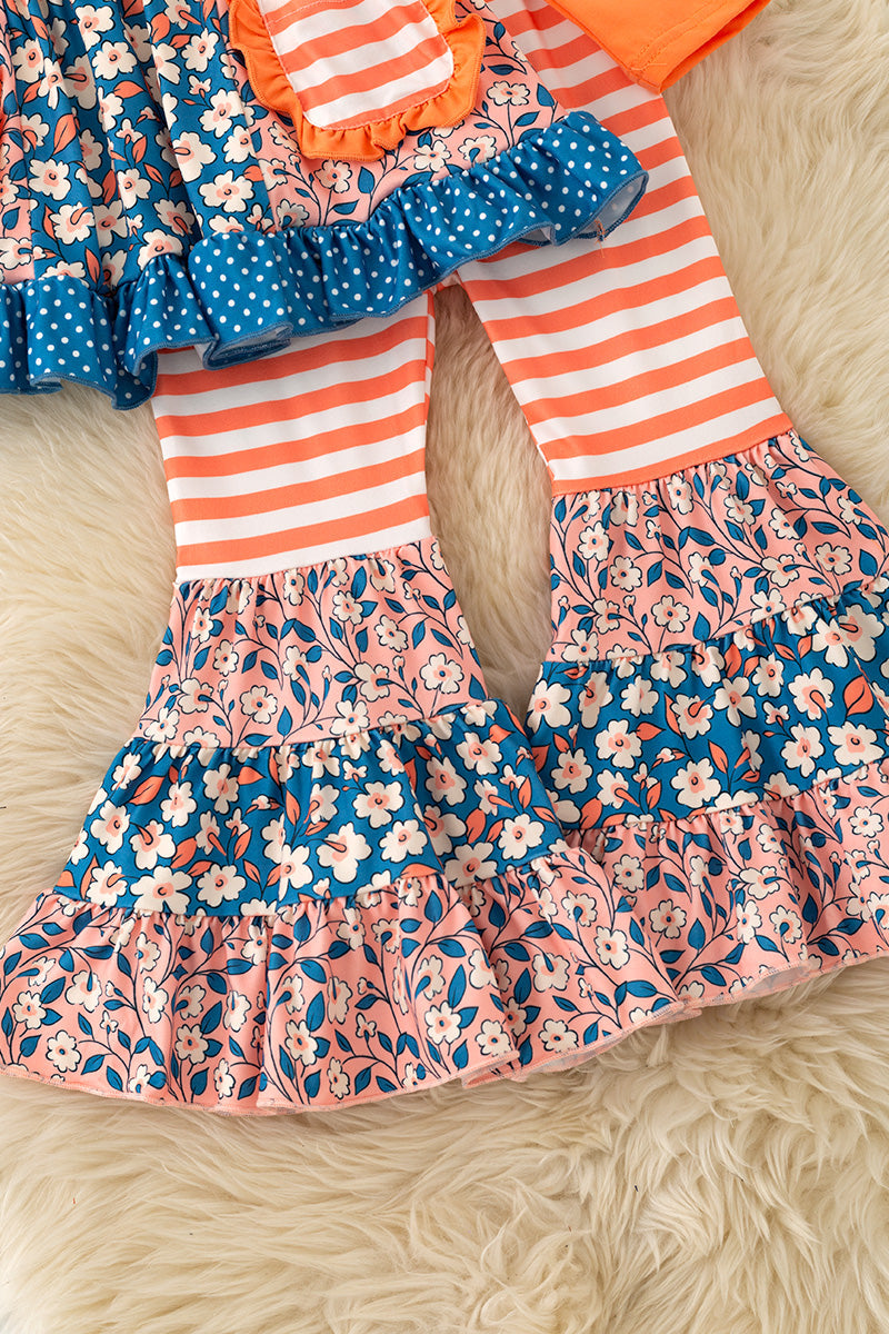 Blue Orange stripe & floral block ruffle tunic & bell bottoms. OFG61978 -A-