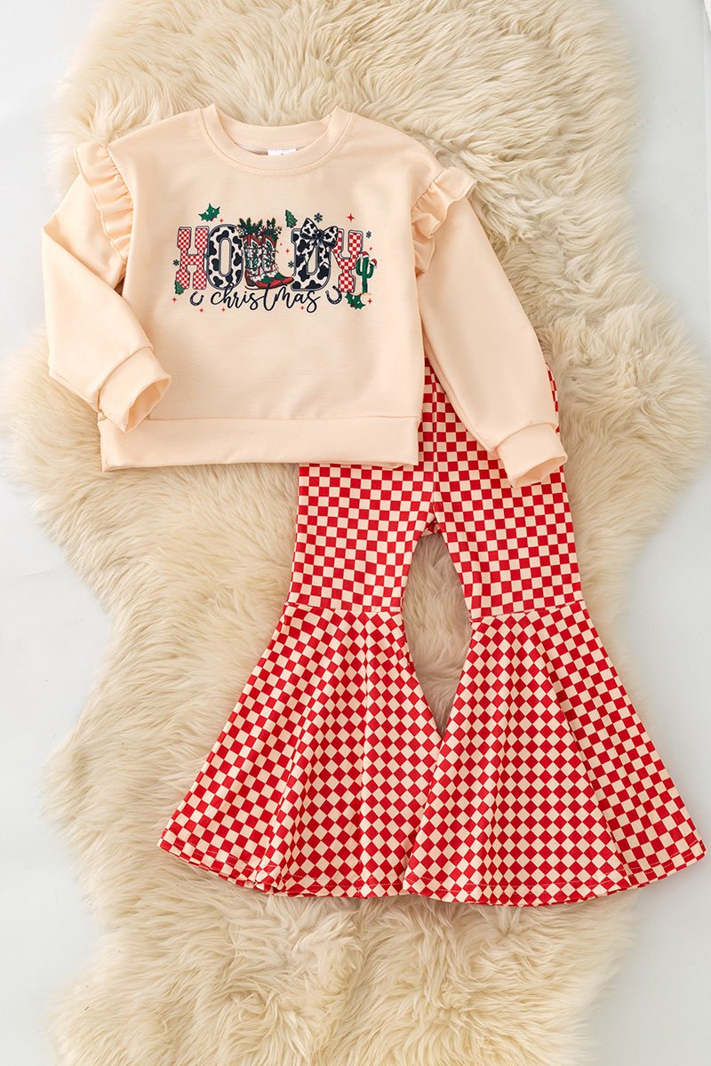 Howdy Christmas pullover sweatshirt & red checkered bell bottoms. OFG61138 -S-