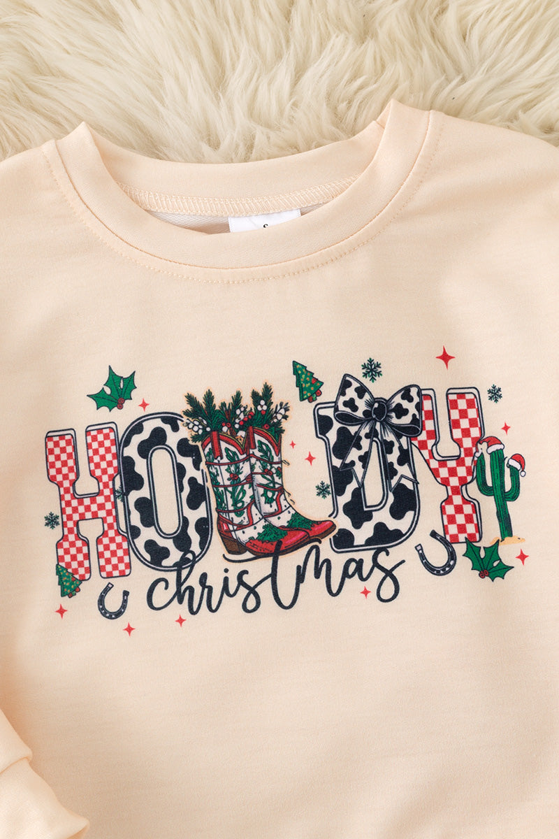 Howdy Christmas pullover sweatshirt & red checkered bell bottoms. OFG61138 -S-