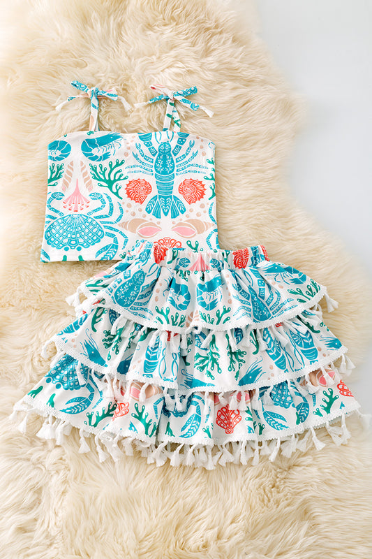 Aqua sweet sea printed girls 2 piece set.