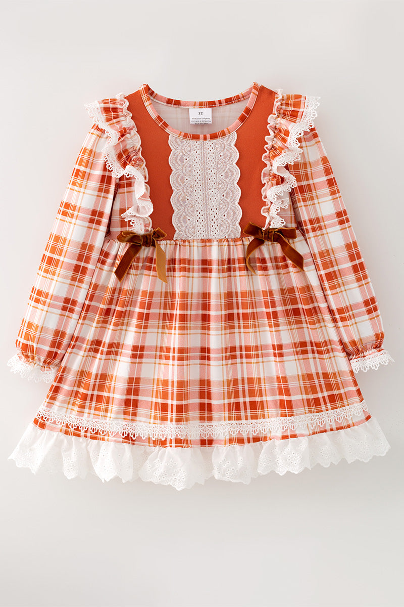 Burnt Orange plaid dress with lace detail. DRG63457 -M-