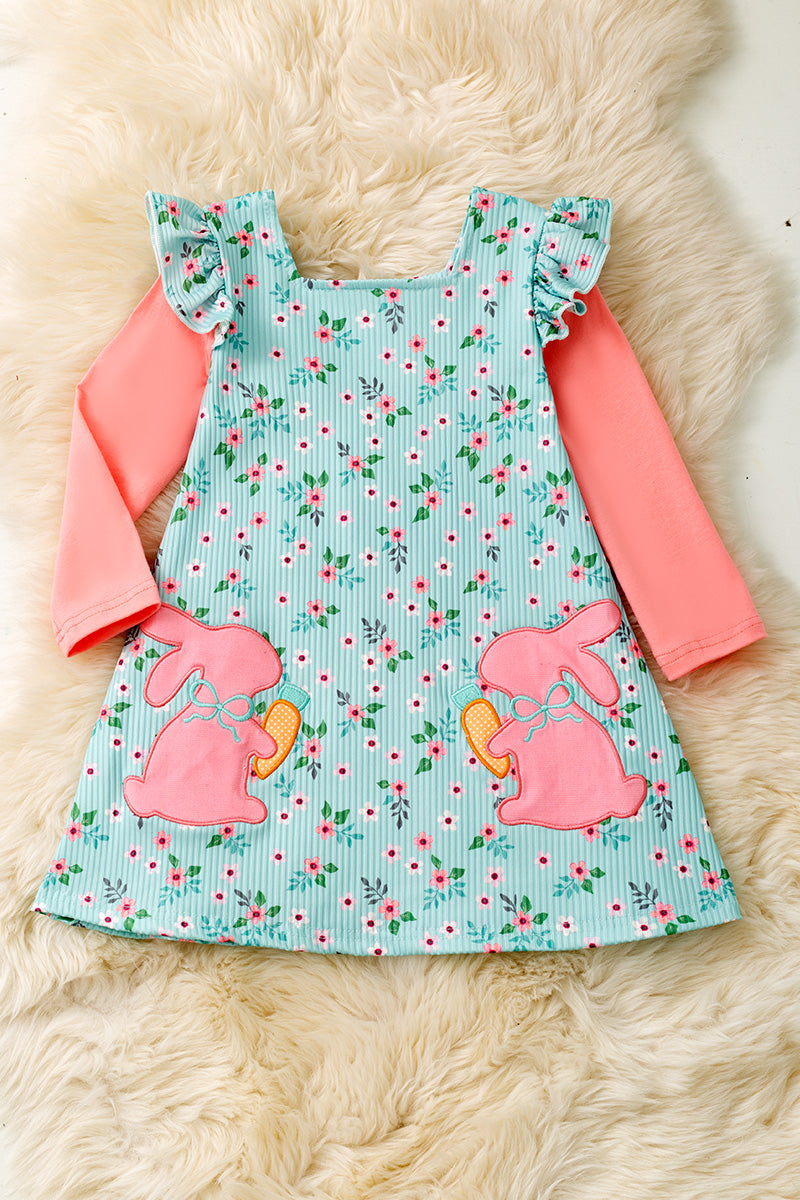 Floral ribbed long sleeve dress with bunny applique.