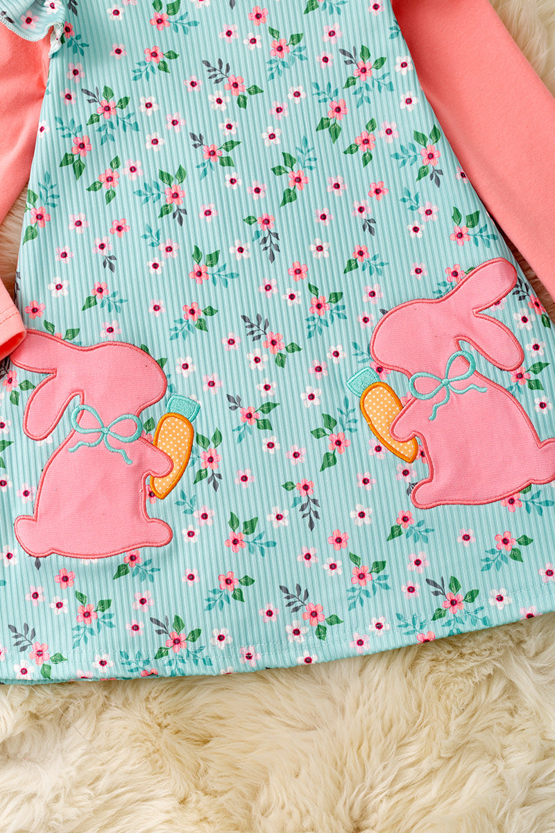 Floral ribbed long sleeve dress with bunny applique.