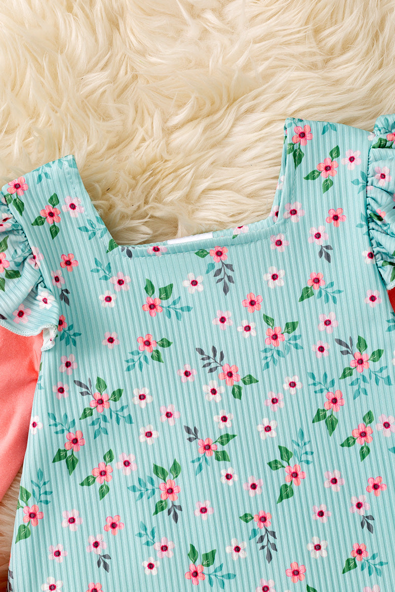Floral ribbed long sleeve dress with bunny applique.