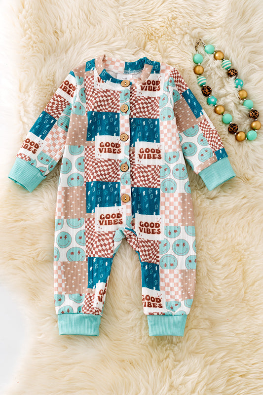 Button Up Good Vibes emoji printed baby romper.