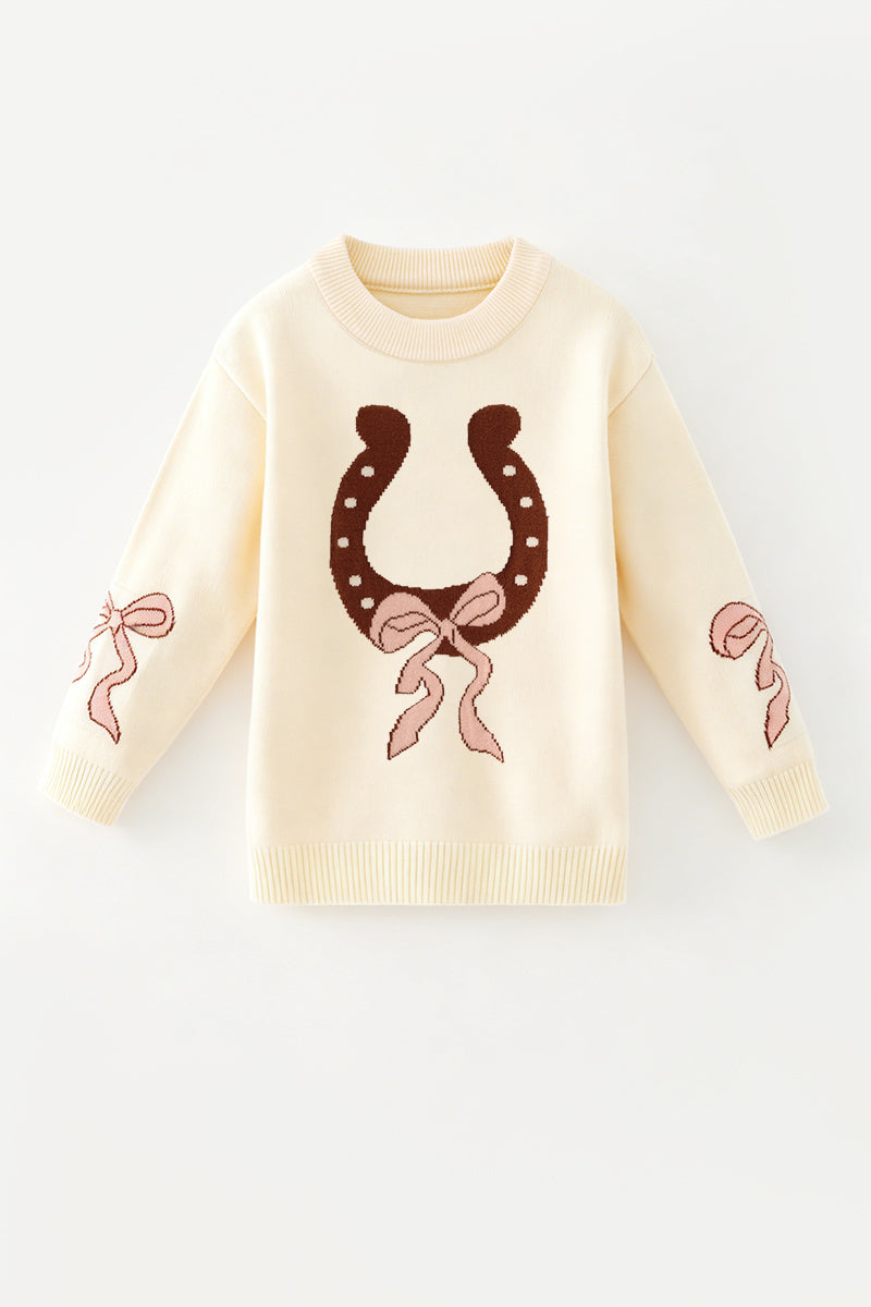 Horseshoe knit sweater w/ pink bow on sleeves. TPG60533 -M-