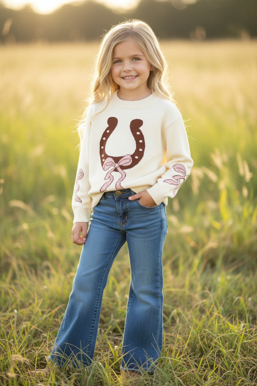 Horseshoe knit sweater w/ pink bow on sleeves. TPG60533 -M-