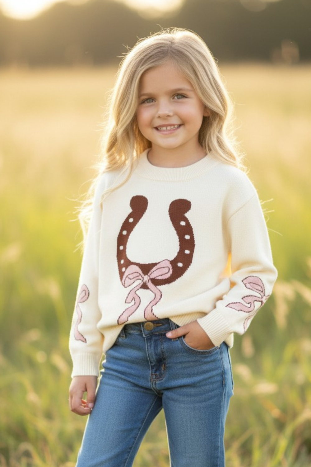 Horseshoe knit sweater w/ pink bow on sleeves. TPG60533 -M-