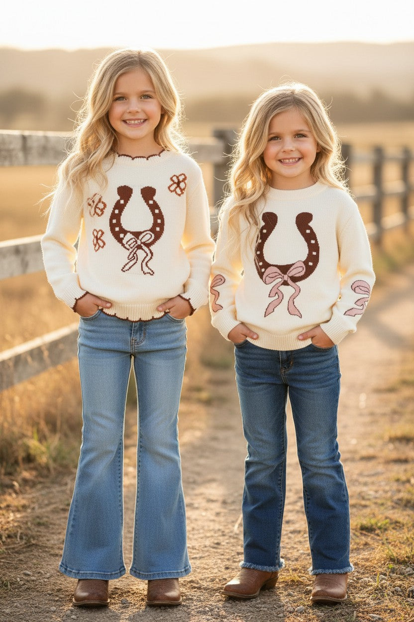 Horseshoe knit sweater w/ pink bow on sleeves. TPG60533 -M-