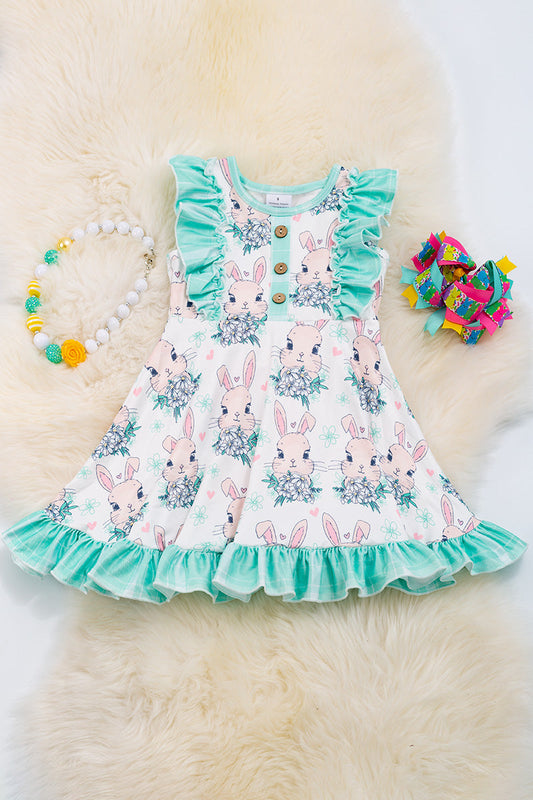 Easter bunny print dress w/ mint hem