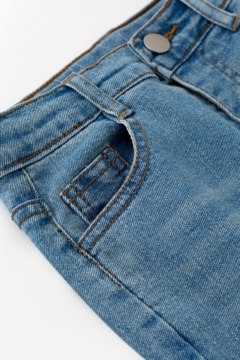 Straight cut denim pants w/ adjustable waistband & distressed hem. PNG60322 -M-