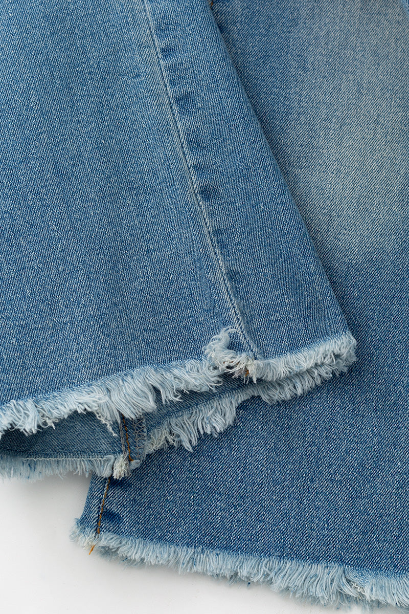Straight cut denim pants w/ adjustable waistband & distressed hem. PNG60322 -M-