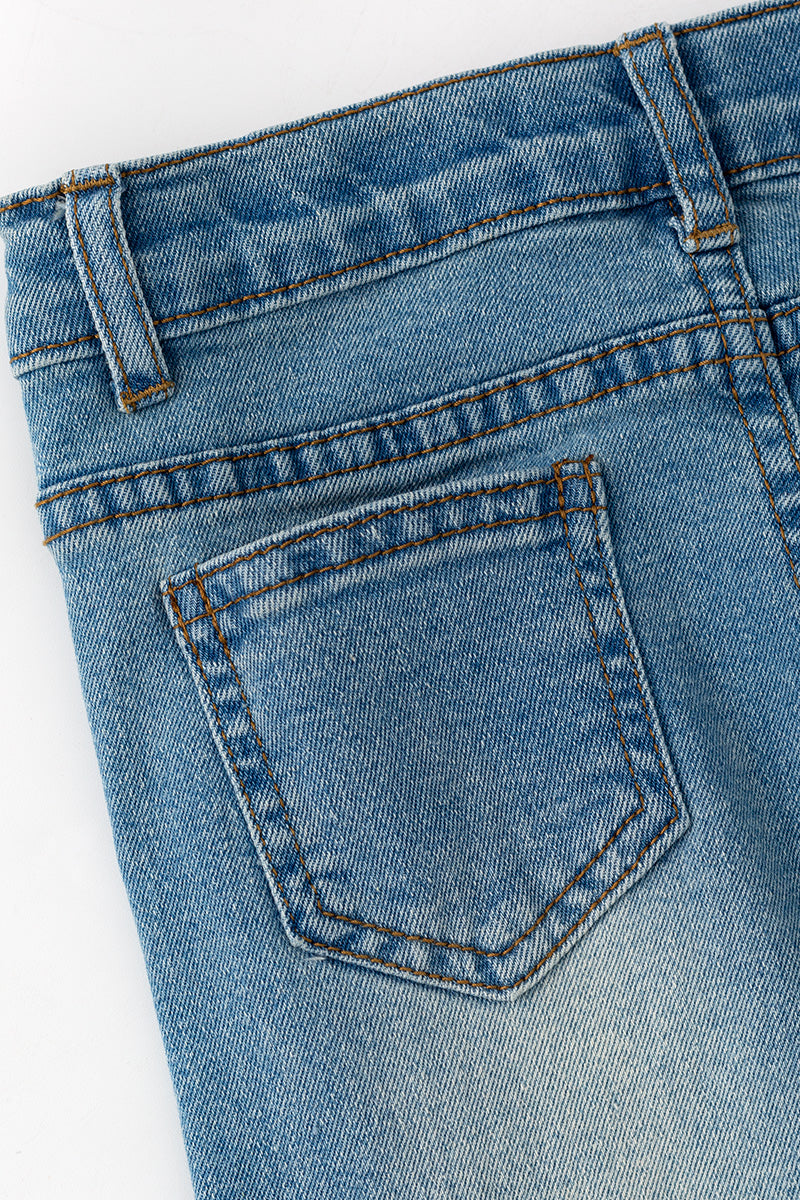 Straight cut denim pants w/ adjustable waistband & distressed hem. PNG60322 -M-