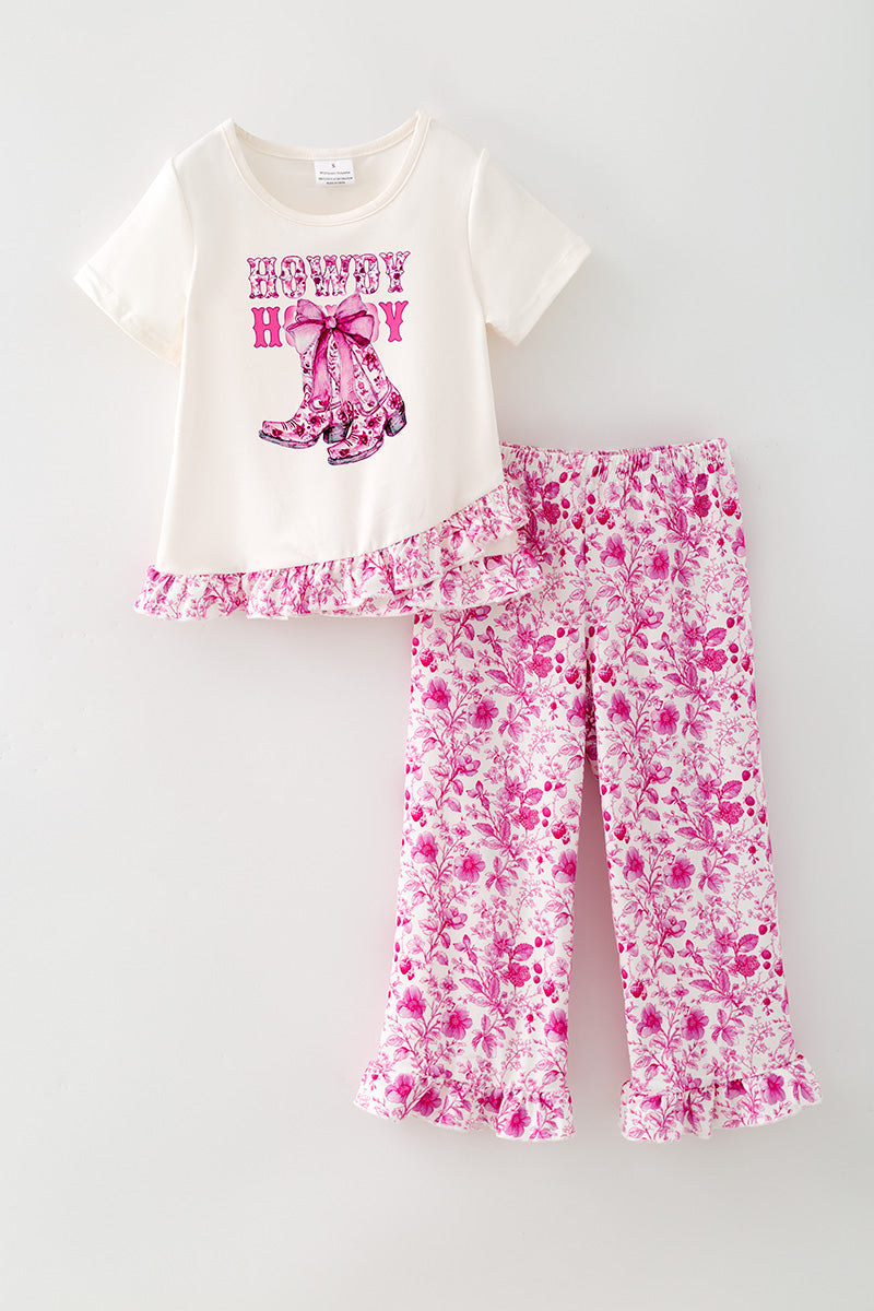 Howdy Western printed tunic w/ruffle hem & floral pants. OFG62613 -M-