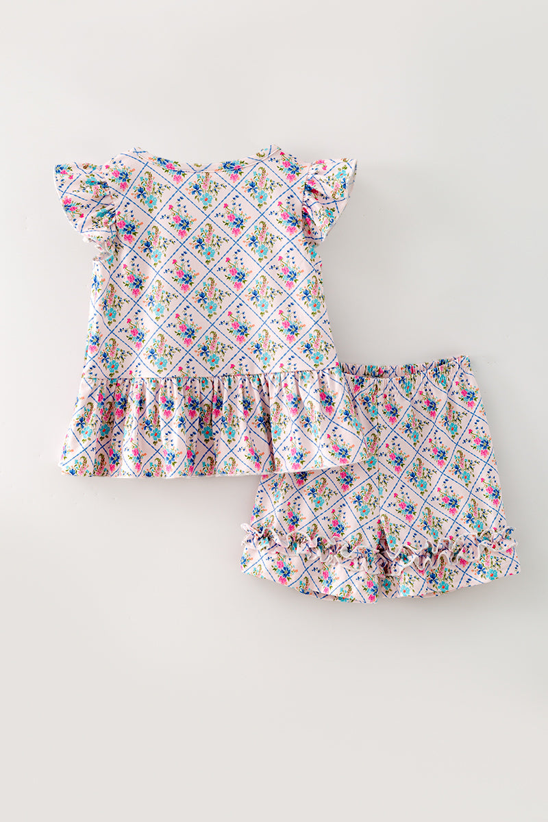 Floral printed w/fuchsia front button and ruffle shorts. OFG62612 -A-