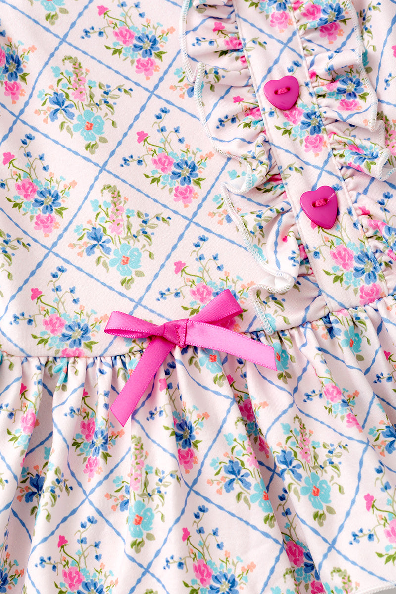 Floral printed w/fuchsia front button and ruffle shorts. OFG62612 -A-