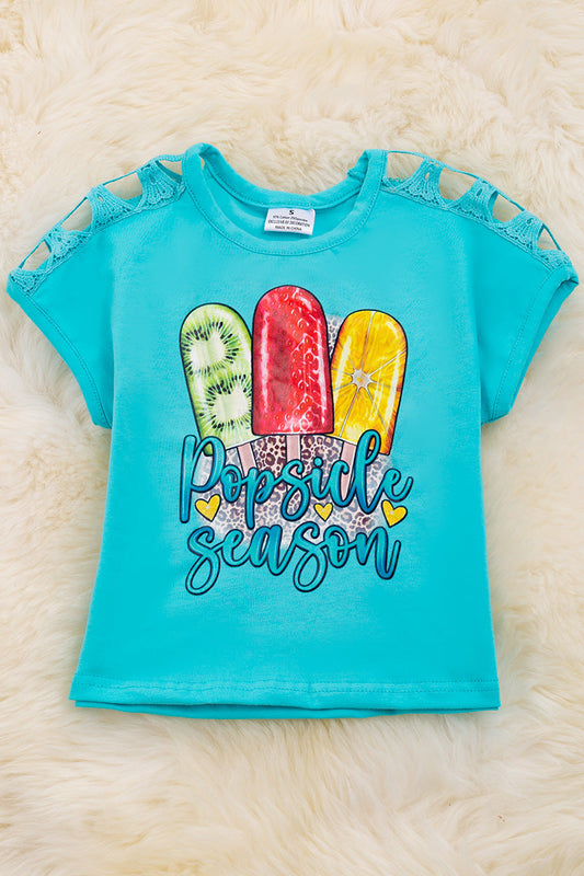"Popsicle Season" Turquoise graphic tee w/embroidered shoulder sleeve.