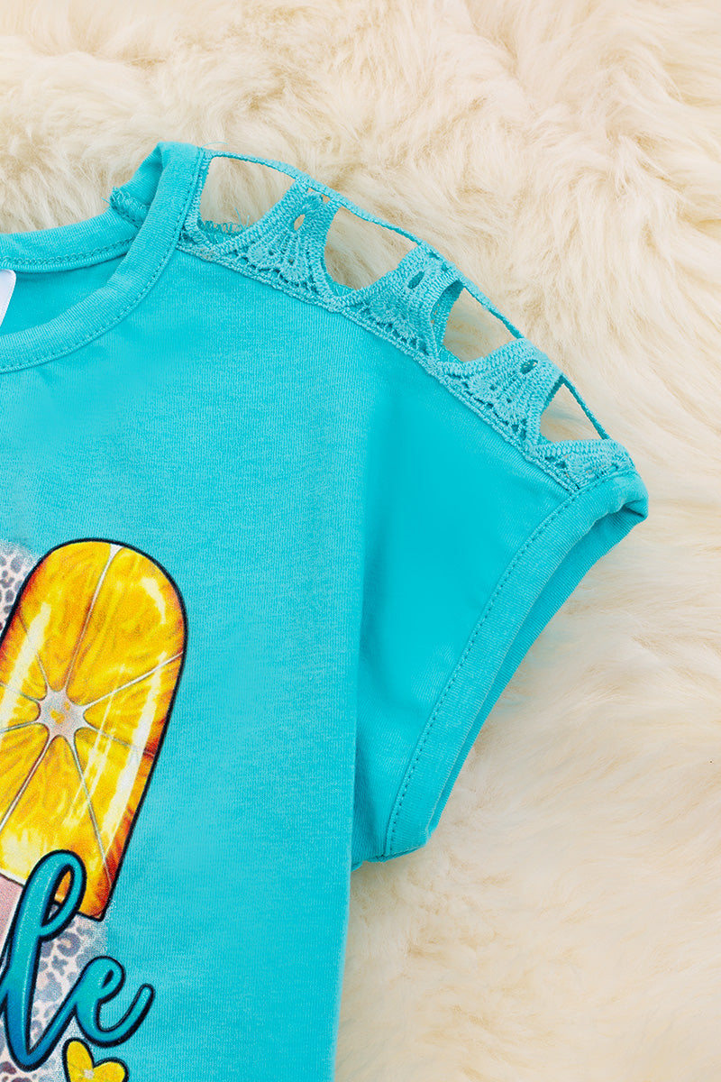 Turquoise "Popsicle Season" graphic tee with embroidered detail on shoulder