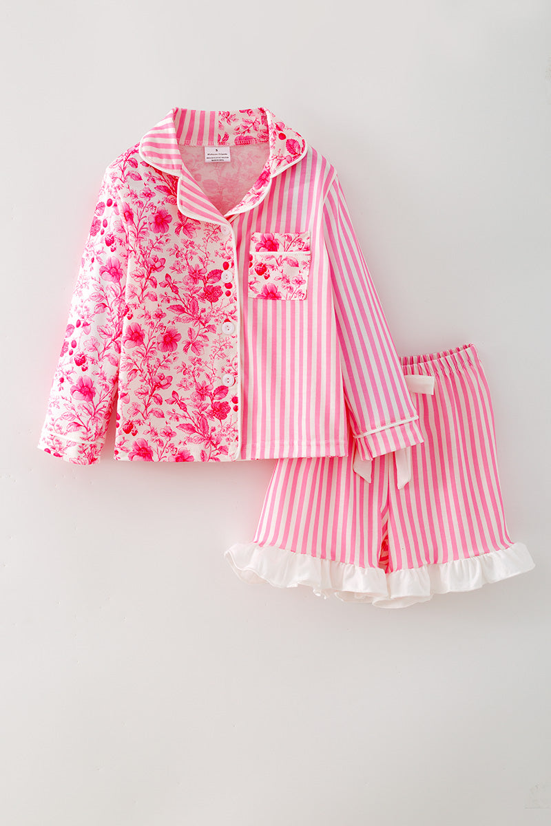 Pink half floral half stripe printed girls pajamas. PJG60439 -M-