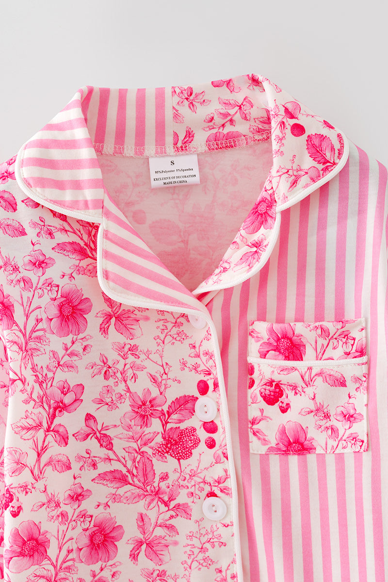 Pink half floral half stripe printed girls pajamas. PJG60439 -M-