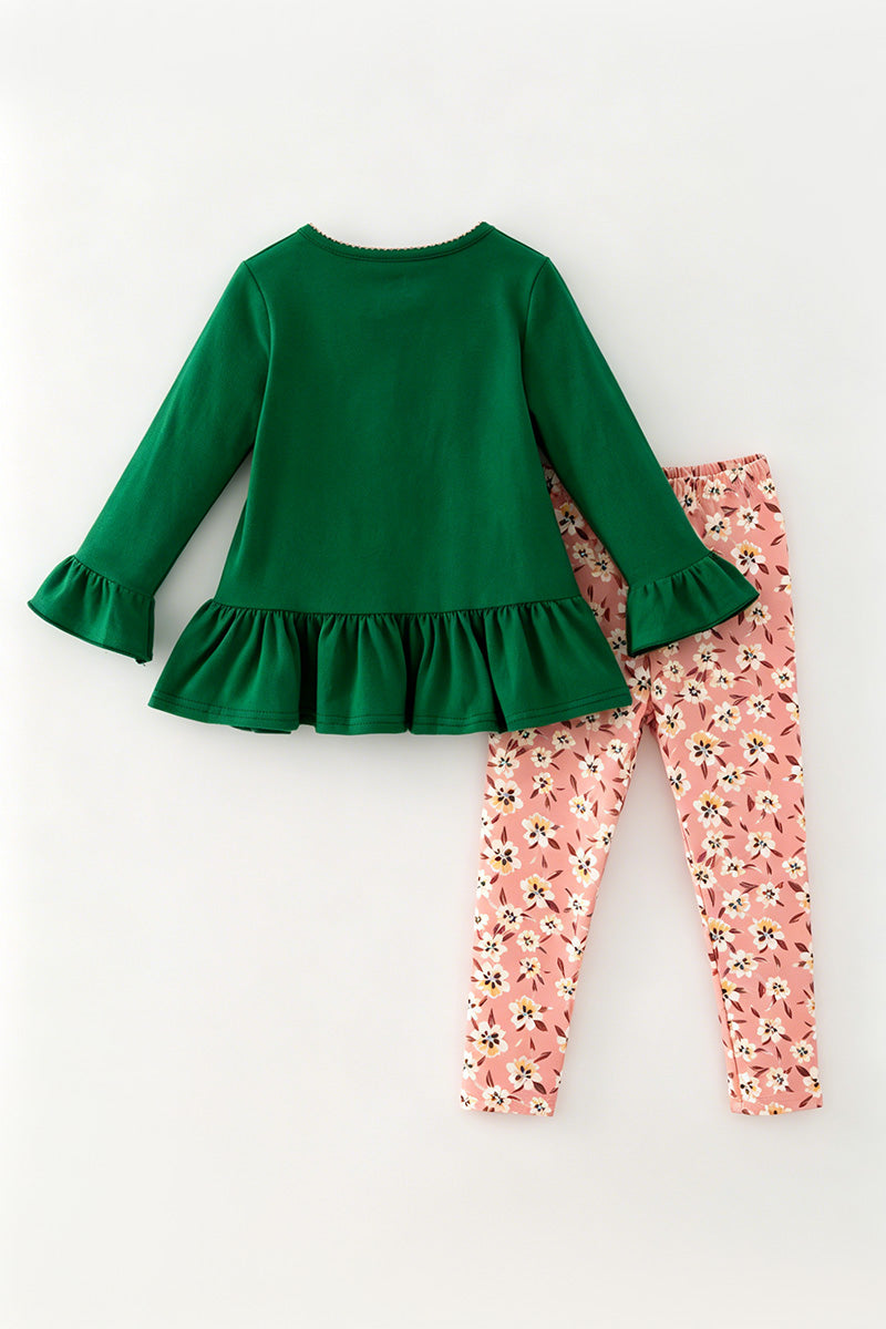Dark green ruffle sleeve top and floral leggings. OFG61951 S-
