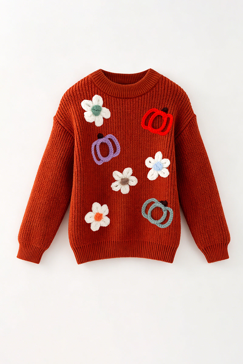 Rust Knit sweater with embroidered pumpkins & flowers. TPG60459 AMY