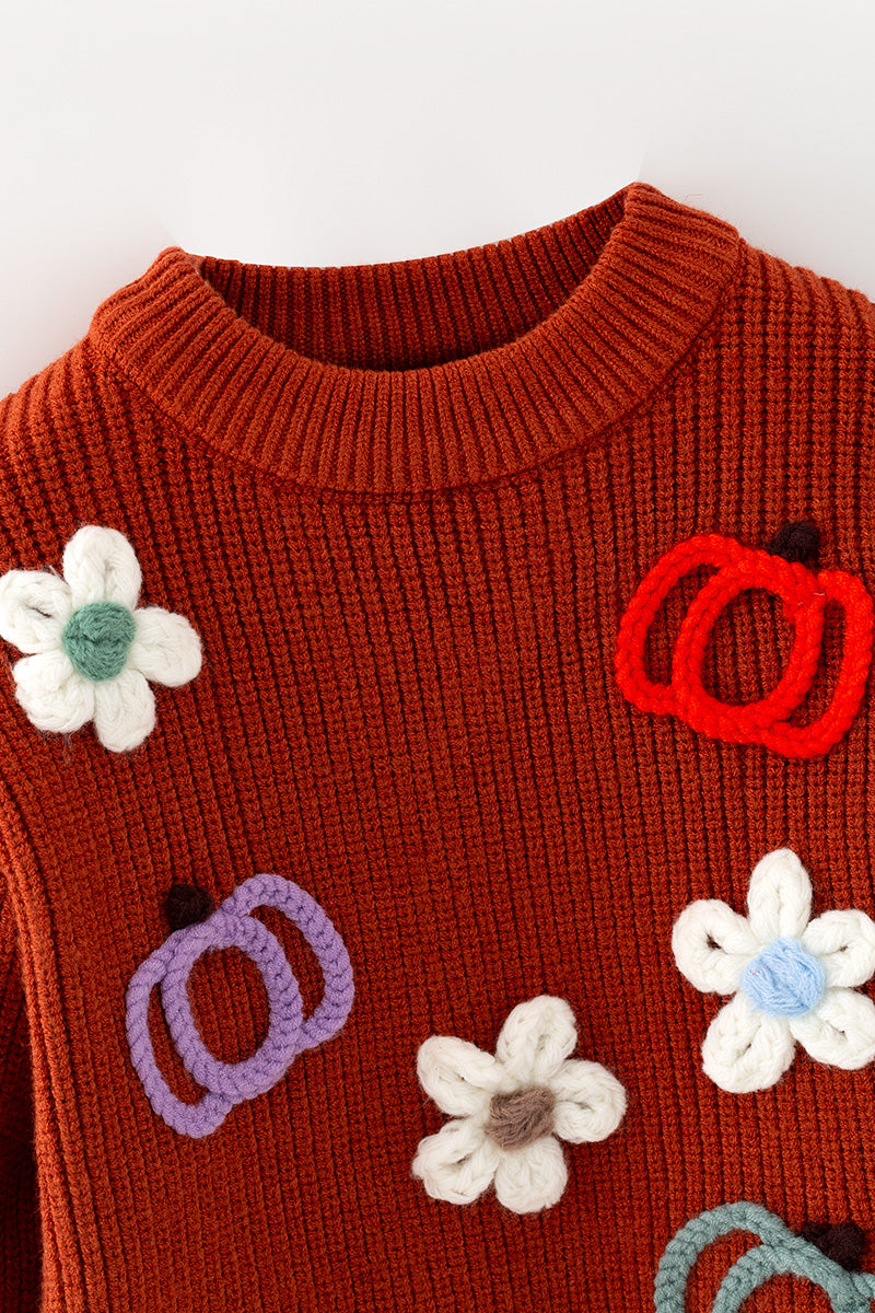 Rust Knit sweater with embroidered pumpkins & flowers. TPG60459 AMY