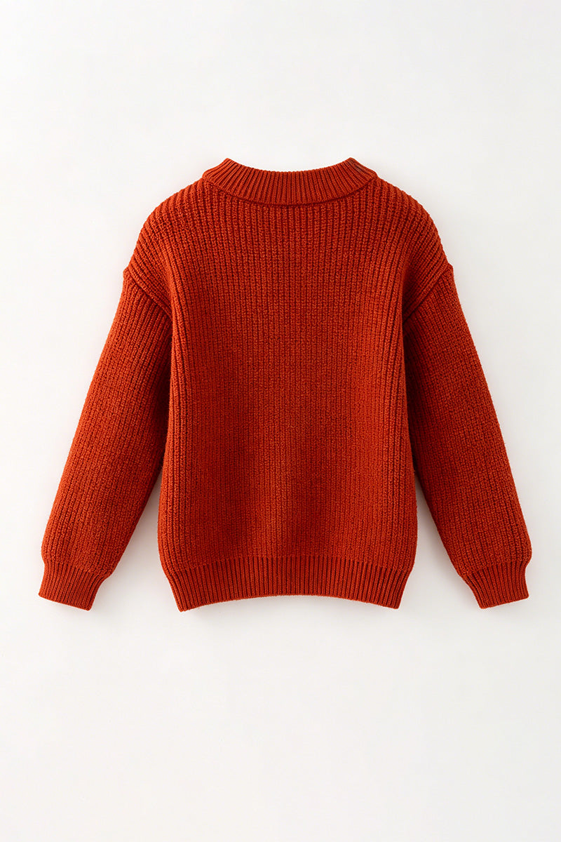Rust Knit sweater with embroidered pumpkins & flowers. TPG60459 AMY