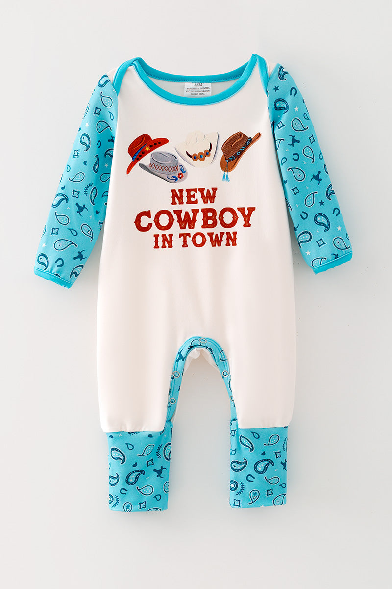 "New Cowboy In Town" Western printed baby romper w/turquoise sleeves. RPB60579