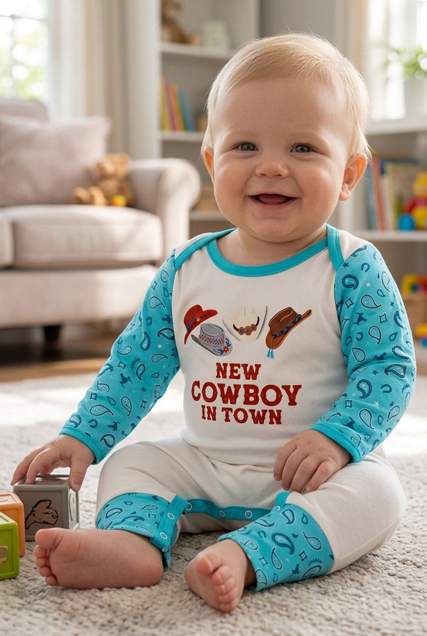 "New Cowboy In Town" Western printed baby romper w/turquoise sleeves. RPB60579