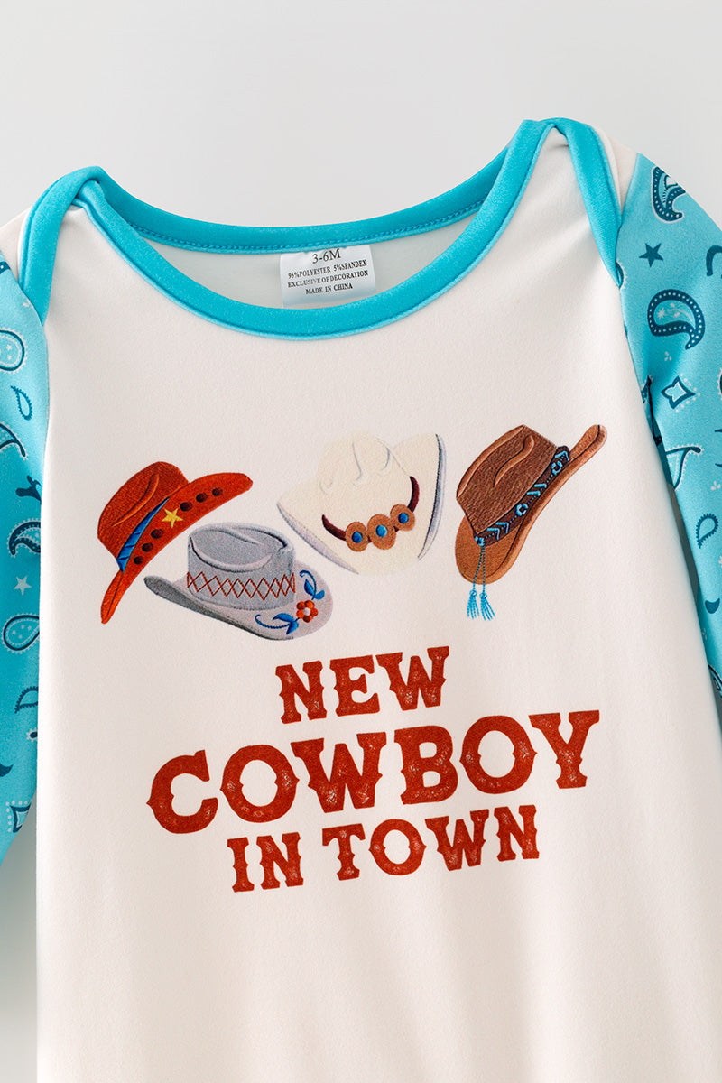 "New Cowboy In Town" Western printed baby romper w/turquoise sleeves. RPB60579